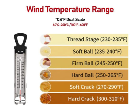 Stainless Steel Candy & Deep Fry Thermometer with Pot Clip & Handle - Analog Sugar Thermometer for Candy Making, Jam, Syrup, Oil, Chocolate, Brewing - Kitchen Cooking Food Thermometer - size: Sugar Thermometer-11.8 Inch