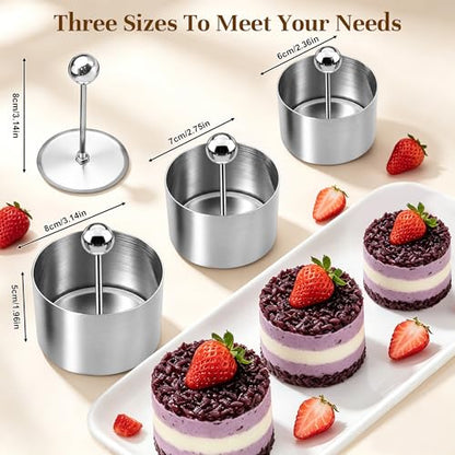 3 Pcs Cake Ring Molds for Cooking with 3 Pusher - Sizes 2-3In Mini Round Baking Rings, Stainless Steel Food Molds Rings for Small Mousse Cheesecake Pastry Crumpets