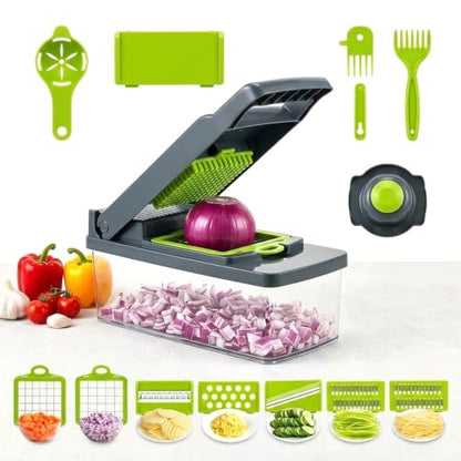 Vegetable Chopper with Container - 14-in-1 Onion Chopper, Food Chopper Dicer & Mandoline Slicer, Manual Veggie Cutter with 8 Stainless Steel Blades, Garlic Mincer, Cheese Grater, Egg Slicer & Hand Gua