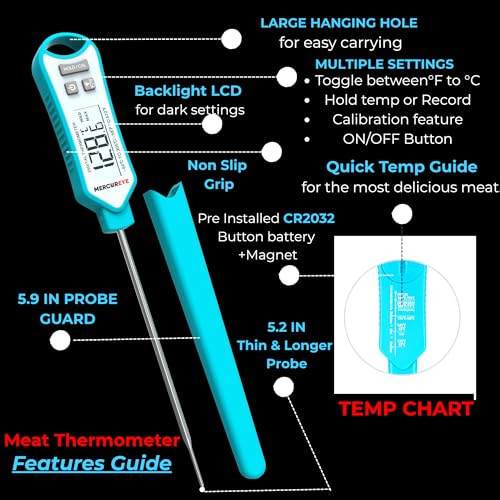 Meat Thermometer Digital, Instant Read Food Thermometer – Waterproof Nonslip Grip Kitchen Timer & Temp Chart Thermometer for Cooking Candy, Oil Fry Indoor & Outdoor Grilling Smoker Roast