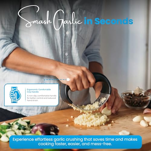 Stainless Steel Garlic Press – Easy Garlic Crushing for Daily Cooking, Durable Rust-Proof Garlic Mincer, Heavy Duty Crusher & Chopper Tool with Cleaning Brush, Comfortable Grip Handle