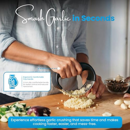 Stainless Steel Garlic Press – Easy Garlic Crushing for Daily Cooking, Durable Rust-Proof Garlic Mincer, Heavy Duty Crusher & Chopper Tool with Cleaning Brush, Comfortable Grip Handle