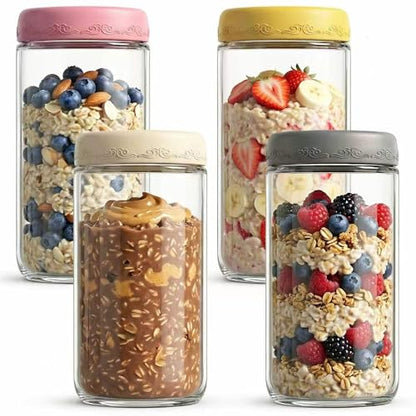 24oz 4Pack Glass Overnight Oats Jars Containers with Airtight Leakproof Lids, Reusable Mason Jars for Meal Prep, Yogurt Parfaits, Smoothies, Salads & Healthy Breakfasts (24 OZ-4-2) - color: 24 OZ-4Pack-2