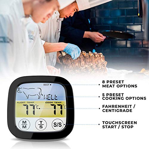 Digital Touchscreen Food Thermometer for Meat Poultry Fish Cooking in Frying Pan Smoker Oven BBQ Grill with Sensitive Color LCD Display | All Temperature and Timer Modes | Best Taste Results (Silver)