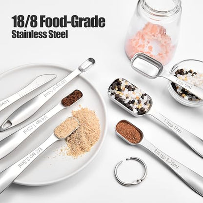 18/8 Stainless Steel Measuring Spoons: Doosu Heavy Duty Rectangular Spoon Square Teaspoon Tablespoon Scoop with Slim Long Handle in Narrow Spice Jar for Kitchen Baking Cooking (Set of 7 with Leveler) - size: Set of 7 with Leveler