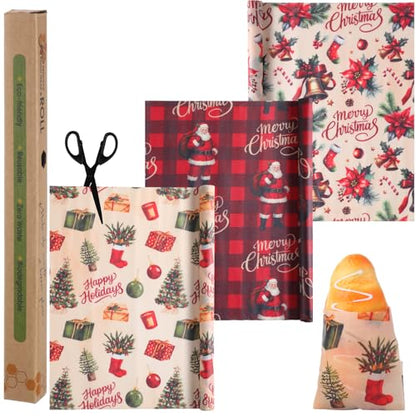 Moukeren 3 Rolls Christmas Beeswax Wraps 13 x 40 Inches Santa Bell Papers Bees Wax Wrap Tissue Reusable Waterproof Oil-proof Picnic Liners Beeswax Paper Roll for Xmas Party Kitchen Supplies - style: Santa