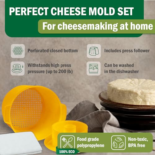 Cheese Mold for Cheese Making Cheese with Follower 1/2 gal Yello and Cotton Cheesecloth - Cheesemaking Supplies - Cheese Form Mold - Cheese Making Basket - Molde Para Queso Casero - Cheese Press
