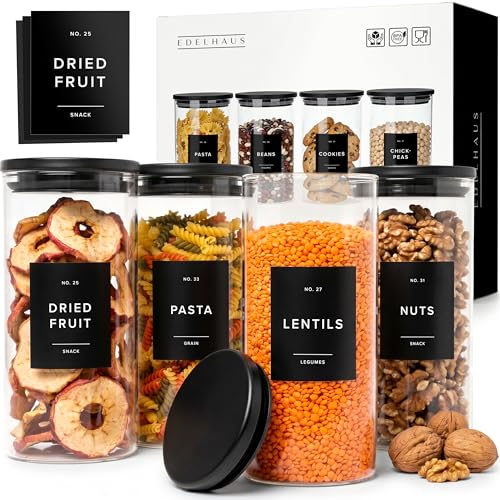 EDELHAUS Glass Storage Containers with Black Lids [4x40oz] Extra Thick Glas with 54 Labels - Canister For Pantry Noodles Flour Cereal Rice Sugar Tea Coffee Beans - Round Set - color: 4x40oz - Black Lids
