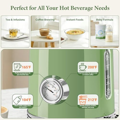 1.7L Electric Tea Kettle with Thermometer, 1500W Retro Stainless Steel Hot Water Kettle,Fast Boil Cordless Electric Kettle,Auto Shut-Off & Boil-Dry Protection