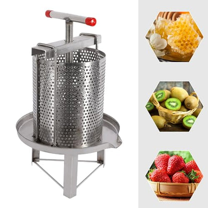 Manual Honey Extractor, 2.6 Gallon Stainless Steel Manual Beekeeping Extractor with Nylon Strainer, T-Handle, Can Be Used to Press Honey, Drippings, Fruits or Vegetables, Wine Making
