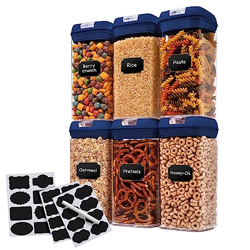 Set of 6 Airtight Food Storage Containers - Pantry Organizer Bins, BPA Free Plastic Containers plus Dry Erase Marker and Labels, Navy - color: Navy
