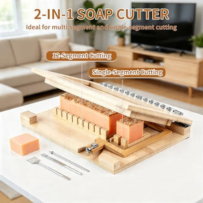 Wooden Soap Cutter 1-12 Bars, Multi Wire Slicer with Adjustable Tension, Ready-to-Use Soap Cutting Tool for DIY Making, Cheese, Butter, Candle, Bread – Includes 10 Replacement Wires