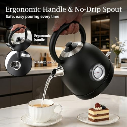 1.7L(57oz) Retro Electric Water Kettle, 1500W 304 Stainless Steel Temperature Control Tea Pot, Cordless LED, Built-in Thermometer, Auto Shut-Off & Boil Dry Protection - color: Black