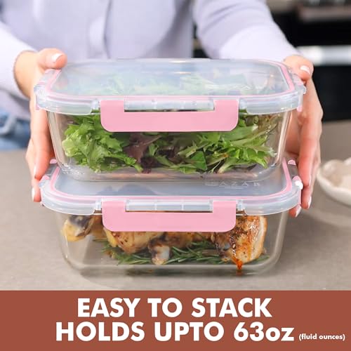 Razab 2 Pcs 1860ml / 63 Oz Large Glass Food Storage Containers with Lids - Glass Meal Prep Containers with Locking Lids for Roasting, Storing Leftover, Lunch Container, BPA Free, Microwave & Oven Safe - color: Pink