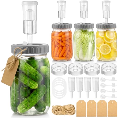 Mifoci 4 Pack Mason Jar Fermentation Kit 32 oz Wide Mouth Glass Fermenting Jars with Rust-free Airtight Lids, Glass Weights & Dual-channel Airlocks All-in-one Set for Kimchi Sauerkraut Pickles