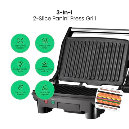 Chefman Electric Panini Press Grill, Compact 2-Slice Sandwich Maker, Non-Stick Coated Plates, Opens 180 Degrees, Dishwasher Safe, Removable Drip Tray, Stainless Steel/Black - size: 2 Slice