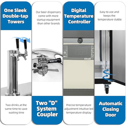 Polarman Commercial Beer Kegerator Double Tap Draft Beer Dispenser 2 Door Beer Dispenser for Bars and Restaurants 49” W Keg Refrigerator With 2 Coupler, 33°F- 41°F Temperature Control-Direct Draw - size: 49"W Double Tap