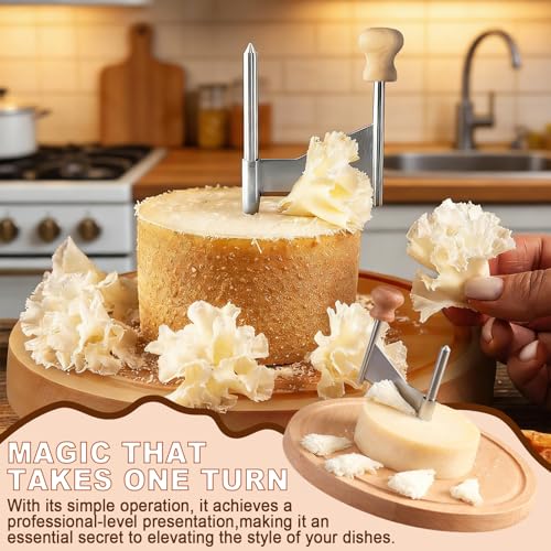 Cheese Curler Wheel, Stainless Steel Cheese Curler Wheel, Handheld Rotary Stainless Cutter Steel Blade and Wooden Base for Home Restaurants Cafes Bakery Dessert Shops