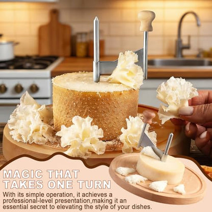 Cheese Curler Wheel, Stainless Steel Cheese Curler Wheel, Handheld Rotary Stainless Cutter Steel Blade and Wooden Base for Home Restaurants Cafes Bakery Dessert Shops