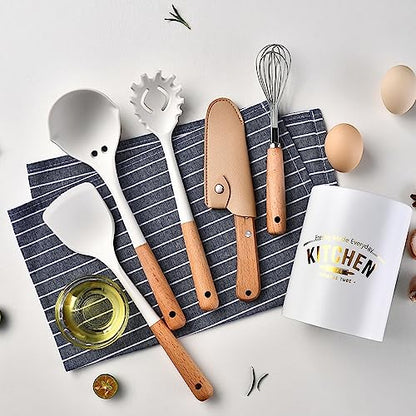6pcs White Mini Silicone Kitchen Utensils Set, Non-stick Kitchenware Spatula Set with Holder, Cooking Tools Accessories. Include Turner, Soup Spoon, Pasta Server, Whisk, Fruit Knife. - color: 6pcs cooking utensils