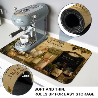 Chef Dish Drying Mats for Kitchen Counter, Wine Bottles Grapes Cheese Rustic Farmhouse Absorbent Coffee Bar Mat with Non-slip Rubber Backed Quick Drying Dish Rack Pad 12"x16" - size: 16" x 12"