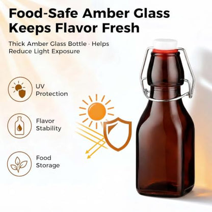 Ruckae Amber Square Swing Top Glass Bottles with Lids Kombucha Flip Top Glass Bottle for Coquito Syrup Vanilla Extract Brew Beer Kefir Air Tight Bottles for Gift (4oz 24pack) - size: 4oz 24pack