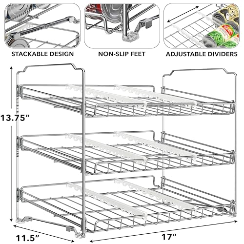 Simple Houseware Stackable Can Organizer Rack for Pantry/Cabinet – 11.5" D x 17" W x 13.75" H, Holds 36 Cans, 3-Tier Can Food Storage Dispenser, Chrome - color: Chrome