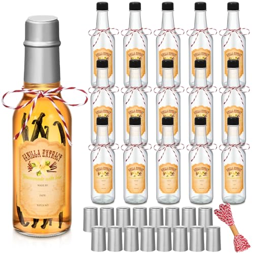 Tioncy 16 Pcs Empty Vanilla Extract Bottles for Homemade Vanilla Jar Glass Bottle with Cap, Shrink Band, Sticker DIY Crafts Wedding Gift Food Storage Canister for Bean(Silver,5 oz) - color: Silver, size: 5 oz
