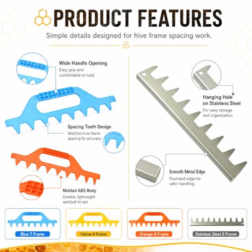 Beehive Frame Spacer Tool, Hive Frame Spacing Rake for 7/8/9 Frame Layout, ABS Plastic or 201 Stainless Steel Beekeeping Spacer for Even Hive Frame Alignment(Stainless Steel - 9 Frame) - color: Stainless Steel - 9 Frame