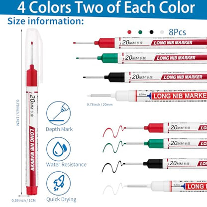 8 PCS Long Head Deep Hole Marker Pens,20mm Long Nib Marker, Longs Nose Markers, Waterproof Construction Markers Marking Tool,Permanent Markers Carpenter Ink marker Pens,Metal marking Pens03 - color: 8PCS-20MM-Red/White/Green/Black
