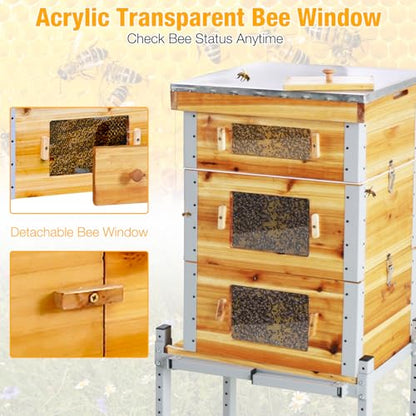 Bee Hive Boxes Starter Kit with Metal Stand,100% Beeswax Coated Bee Hive with 10 Medium and 20 Deep Frames & Foundations(3 Layer)