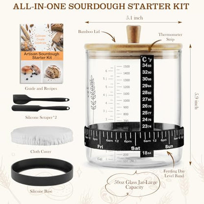 SheeChung 50oz Sourdough Starter Jar, Wide Mouth Sourdough Jar Glass, Bamboo Lid, Cloth Cover, Date Tracker, Scraper, Sourdough Starter Kit, Fermentation Jars, Sour Dough Bread Baking Supplies, 2 Pack - size: 50 Ounce (Pack of 2)
