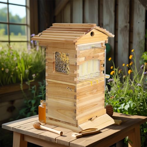 Bee Hive,Auto-Harvest Honey Beehive Wooden Box,Auto Bee Hives Boxes Starter kit with with Observation Chamber,Beehives and Supplies Starter Kit for Beekeepers