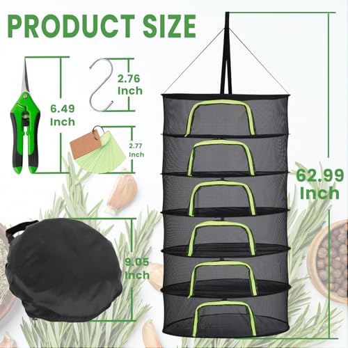 6 Layer 24" Herb Drying Rack Hanging with Garden Pruning Shears, Large Zipper, Hook & Notepad, Foldable Drying Rack for Herbs, Spices & Seasonings, Hanging Herb Dryer Indoor & Outdoor - size: 60*24 INCH