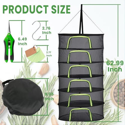 6 Layer 24" Herb Drying Rack Hanging with Garden Pruning Shears, Large Zipper, Hook & Notepad, Foldable Drying Rack for Herbs, Spices & Seasonings, Hanging Herb Dryer Indoor & Outdoor - size: 60*24 INCH