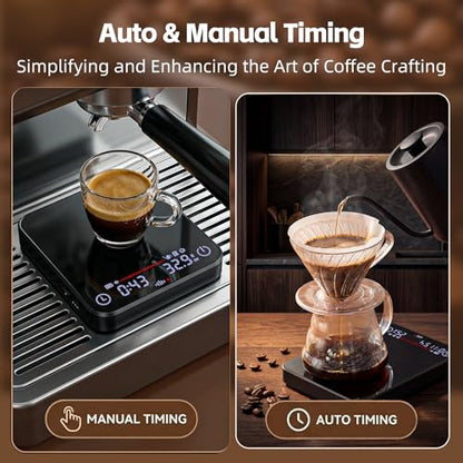Mini Coffee Scale with Timer,Rechargeable Espresso Scale & Flow Rate Indicator, 2kg/0.1g, Auto Tare, LED Display, for Pour Over, Drip Coffee, Espresso, Silicone Cover(Black)