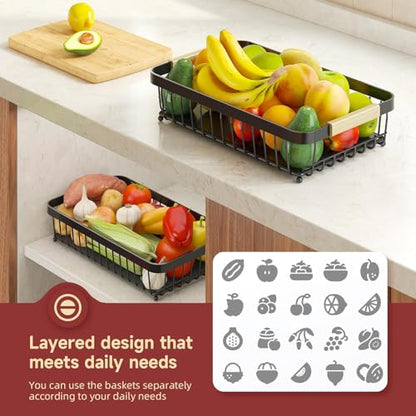 Sevenblue 2-Tier Fruit Basket with Banana Hangers, Detachable Metal Bowl | Wooden handle, protective mats included. Versatile holder for bread, snacks, and veggies. 2-Pack 2 tier metal design. - color: Black, size: 2-Pack