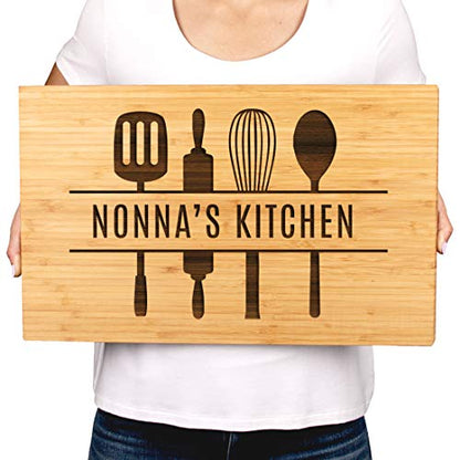 Andaz Press Large Bamboo Wood Cutting Board Gift, 17.75 x 11-inch, Nonna's Kitchen, Utensils Graphic, 1-Pack, Laser Engraved Serving Chopping Board Christmas Birthday Chef Kitchen Ideas - color: Nonna