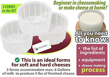 PetriStor 3pcs Soft Cheese Mold for Cheese Making 1.25QT - Medium Cheese Mold - Homemade Cheese Making Supplies - Cream Cheese Form Mold - Molde Para Queso Fresco Casero - Cheese Making Basket