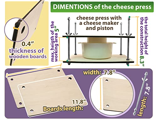 PetriStor Wooden Cheese Press for Cheese Making Supplies 12 in Metal Guides and Cheese Mold with Follower Piston 1.3Qt - Small Home Supply Cheese Press Machine - Prensa Para Queso Casero