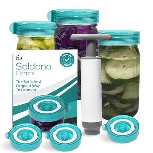 Fermentation Kit, Includes 3 Fermenting Lids for Wide Mouth Mason Jars & Oxygen Extractor Pump, Mason Jar Airlock Lid For Fermenting Kimchi, Pickle, & Sauerkraut