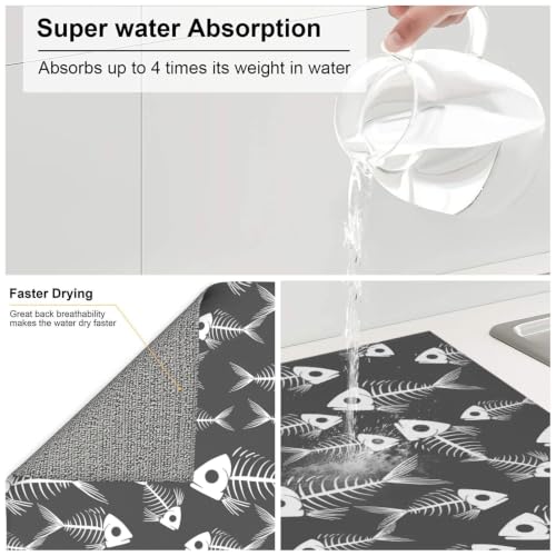Nautical Fish Skeleton Silhouettes Dish Drying Mats for Kitchen Counter, Super Absorbent Microfiber Drainer Pad, Washable Reversible Appliance Protector, Everyday Kitchen Must-Have, 16x18 Inch - color: Nautical Fish Skeleton Silhouettes