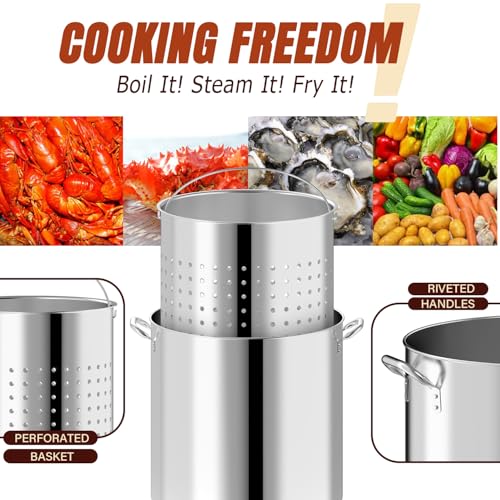 100QT Seafood Boil Pot with Detachable Paddle, Stainless Steel Stock Pot | Crawfish Boil Pot with 80QT Basket, Lid & Lifting Hook, Perfect for Outdoor Crab, Lobster & Shrimp Boils - style: 100QT+Mixing Paddle