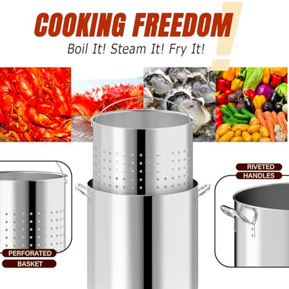 100QT Seafood Boil Pot with Detachable Paddle, Stainless Steel Stock Pot | Crawfish Boil Pot with 80QT Basket, Lid & Lifting Hook, Perfect for Outdoor Crab, Lobster & Shrimp Boils - style: 100QT+Mixing Paddle