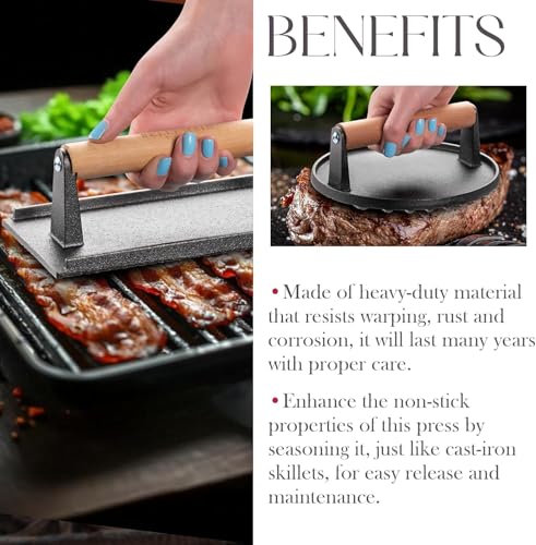Bellemain Heavy-Duty Cast Iron Grill Press Set – Perfect Smash Burger Press & Steak Tool with Ergonomic Wood Handle for Pro-Level Searing on Griddle, Skillet, or BBQ - size: 7” Round and Rectangle