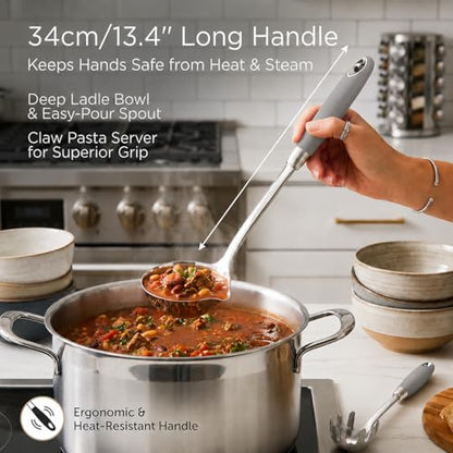 18/10 Stainless Steel Soup Ladle and Pasta Server Set, 2-Piece | Premium 18/10 stainless steel soup ladle and pasta server with ergonomic heat-resistant handles for everyday cooking. - color: Gray