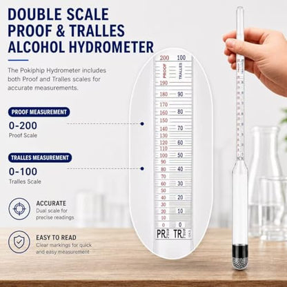 Hydrometer Alcohol Meter Kit, Hydrometer Alcohol 0-200 Proof & Tralle with Hydrometer Test Jar, Alcohol Proof Tester Hydrometer, Alcohol Tester for Liquor, Distilling Moonshine Alcoholmeter
