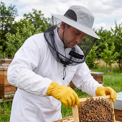 Sucrain Beekeeping Gloves Hats Set Thick Leather Bee Gloves with Ventilated Sleeves & Bee Keeper Fencing Veil Mosquito Hats Bee Outfit for Backyard and Beekeeping