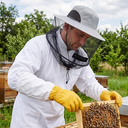 Sucrain Beekeeping Gloves Hats Set Thick Leather Bee Gloves with Ventilated Sleeves & Bee Keeper Fencing Veil Mosquito Hats Bee Outfit for Backyard and Beekeeping