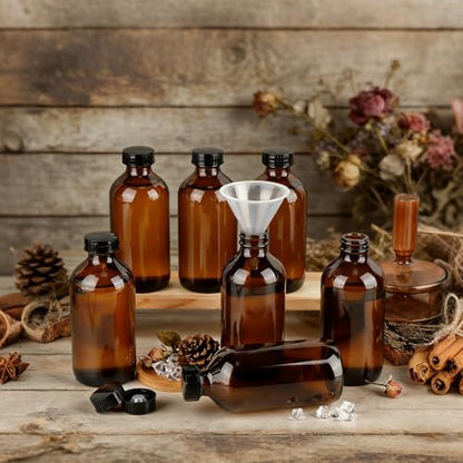 PINIWON 24 Pack 8 oz Amber Glass Bottles, 240ml Boston Round Sample Bottles with Black Poly Cone Caps, Labels and Funnels - color: Amber-24 pack